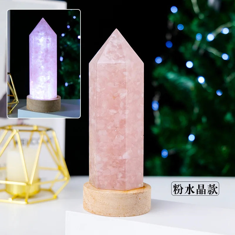 Crystal Obelisk LED Night Light – 7 Chakra Orgonite Resin Lamp with USB Wooden Base