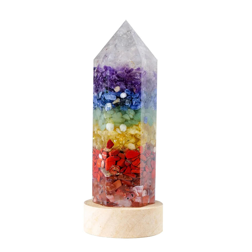 Crystal Obelisk LED Night Light – 7 Chakra Orgonite Resin Lamp with USB Wooden Base