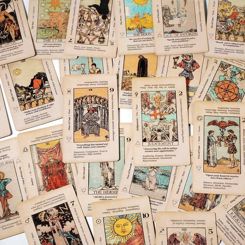 Beginner’s Meaning Tarot Deck – 78 Cards with Keywords & Interpretations, Antiqued Style