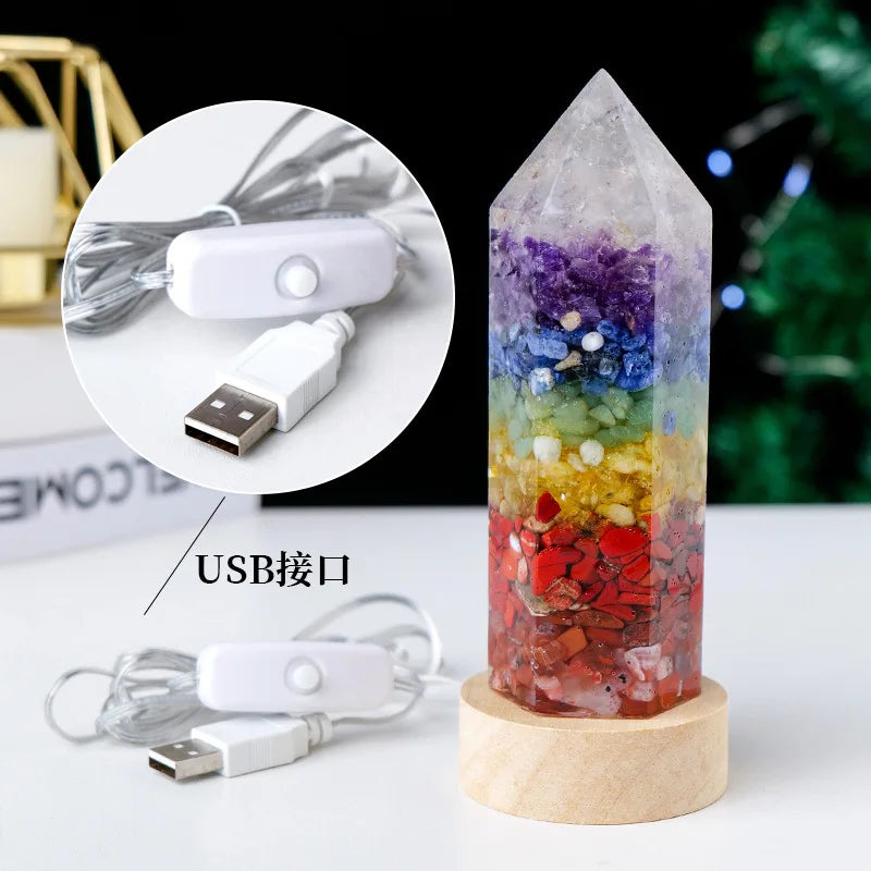 Crystal Obelisk LED Night Light – 7 Chakra Orgonite Resin Lamp with USB Wooden Base