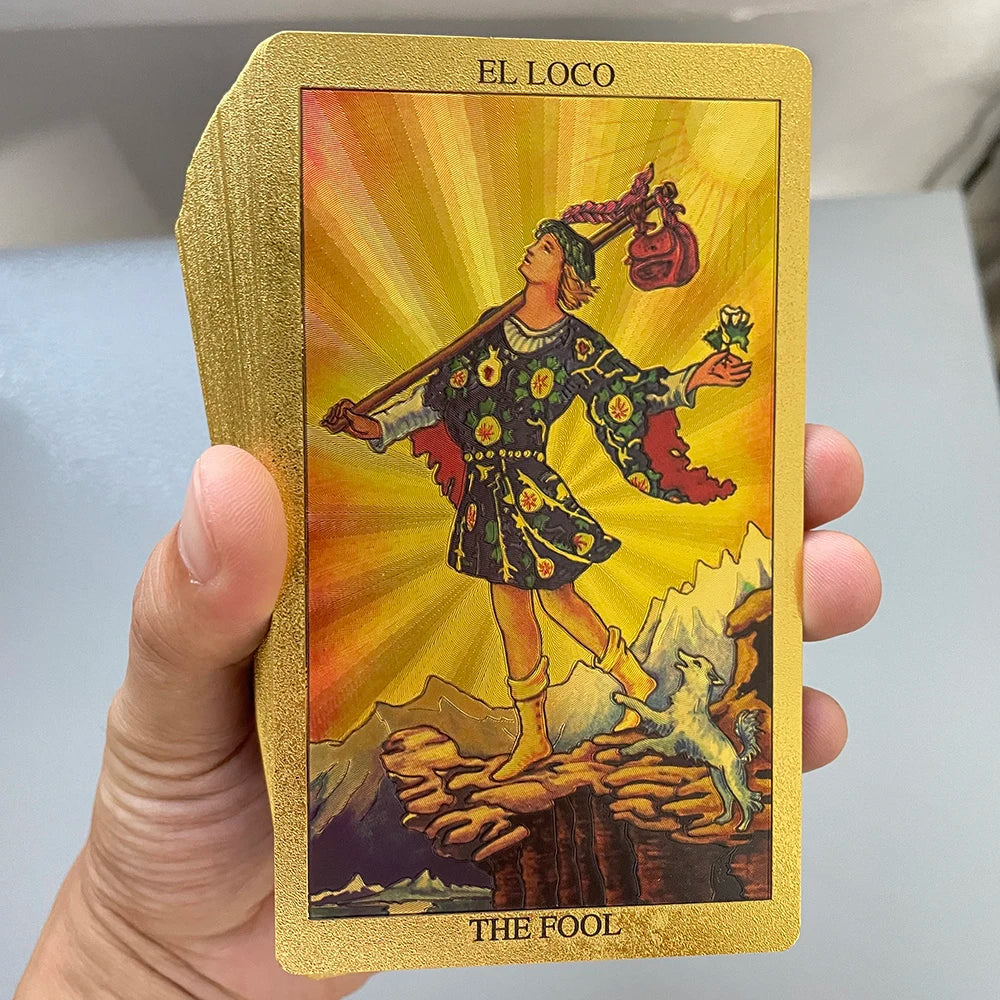 Spanish & English Golden Foil Tarot Cards – 78-Card Divination Deck with 2-Language Guidebook