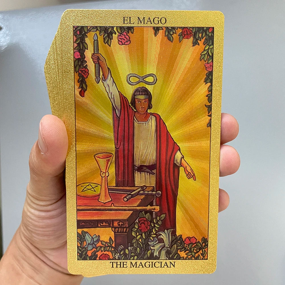 Spanish & English Golden Foil Tarot Cards – 78-Card Divination Deck with 2-Language Guidebook