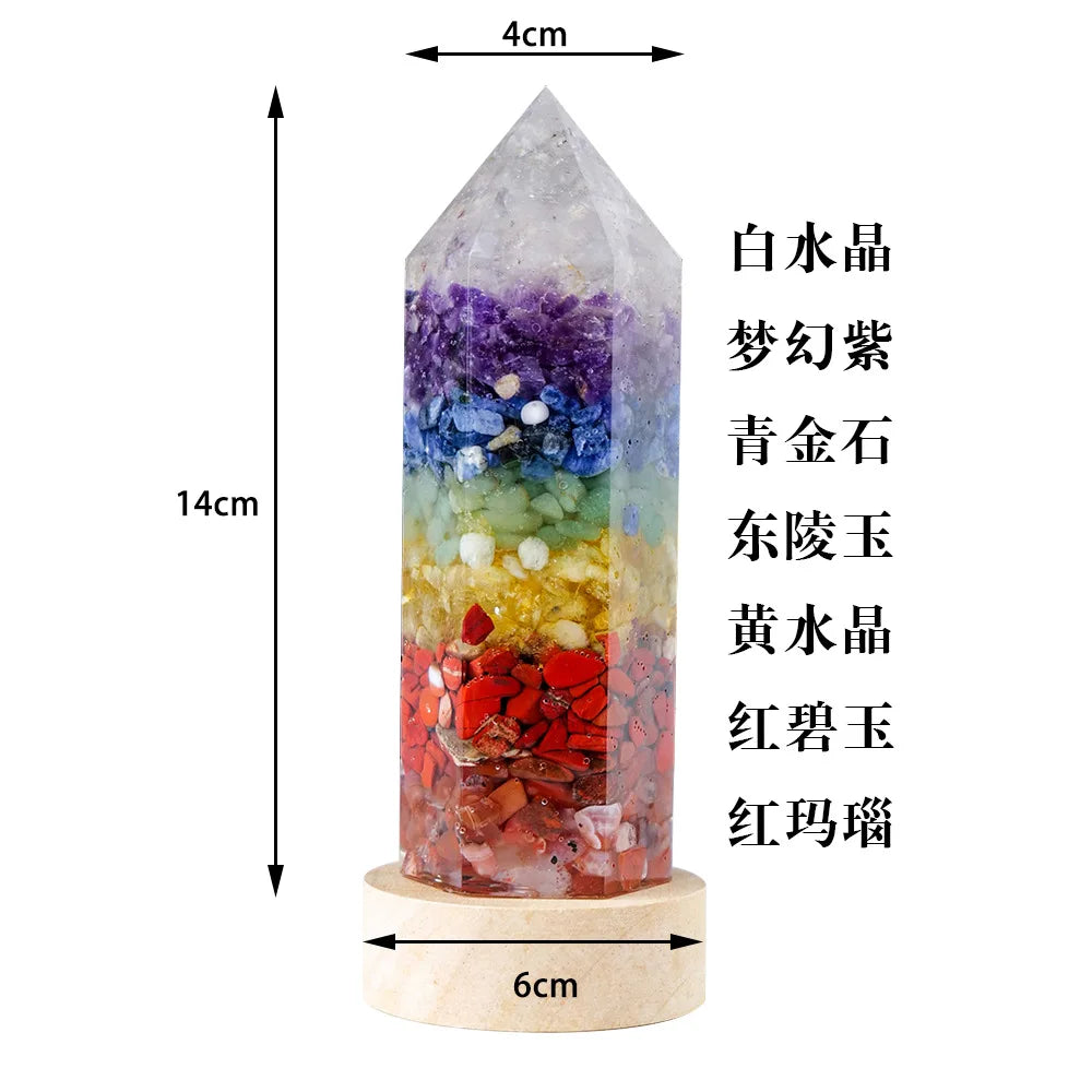 Crystal Obelisk LED Night Light – 7 Chakra Orgonite Resin Lamp with USB Wooden Base
