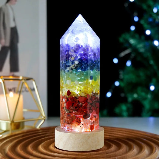 Crystal Obelisk LED Night Light – 7 Chakra Orgonite Resin Lamp with USB Wooden Base